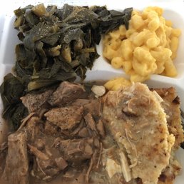 Stew Beef, Dressing, Macaroni, and Collards