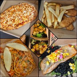 Holiday Inn Express & Suites Anaheim Resort Area - 7-2024 Room service. Cheese flatbread pizza, chicken tenders, side salads, salmon & seafood pasta.