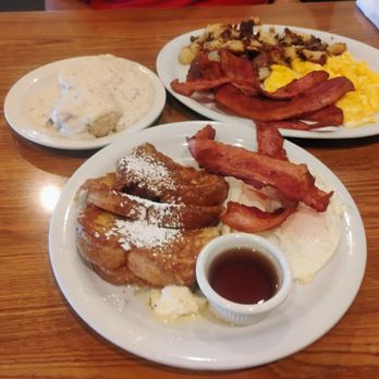 Red Apple Cafe - French toast, eggs over "sleazy", potatoes, scrambled eggs, half a hog of bacon and biscuits and gravy. - Breakfast & Brunch Near Me - Fresno, California Red Apple Cafe - French toast, eggs over "sleazy", potatoes, scrambled eggs, half a hog of bacon and biscuits and gravy. - Breakfast & Brunch Near Me - Fresno, California