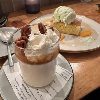 Trani's Dockside Station - Olive oil cake with pistachio ice cream Rosemary Panna cotta with candy pecan - Seafood Near Me - San Pedro, California Trani's Dockside Station - Olive oil cake with pistachio ice cream Rosemary Panna cotta with candy pecan - Seafood Near Me - San Pedro, California