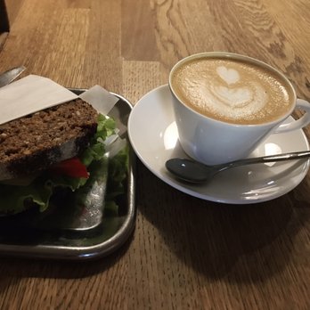 Drop Coffee - Cappuccino with a vegetarian sandwich (peppers, cheese, lettuce) - Coffee & Tea Near Me - Stockholm, Alberta
