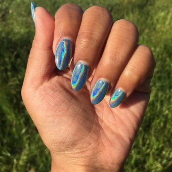 G-nails & Spa - If you're not going here for the holographic nails, then idk wyd. It's worth the extra $12  baby blue holographic almond set. - Nail Salons Near Me - Davis, California