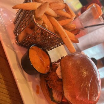 Texas Live! - Nashville chicken sandwich with fries - Sports Bars Near Me - Arlington, Texas Texas Live! - Nashville chicken sandwich with fries - Sports Bars Near Me - Arlington, Texas