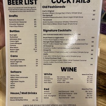 Carl's Tavern - a menu for a drink - Sports Bars Near Me - Ord, Nebraska
