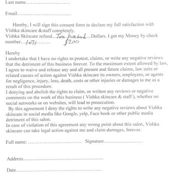 Vishka - Refund agreement that takes away your right to free speech - Skin Care Near Me - Arlington, Virginia