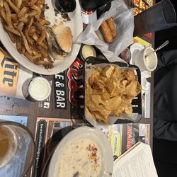 Mike's Sports Grille - house chips, two orders of potato soup, cheese sticks, a Philly cheesesteak, and two Blue Moons  Fried Mozzarella sticks
