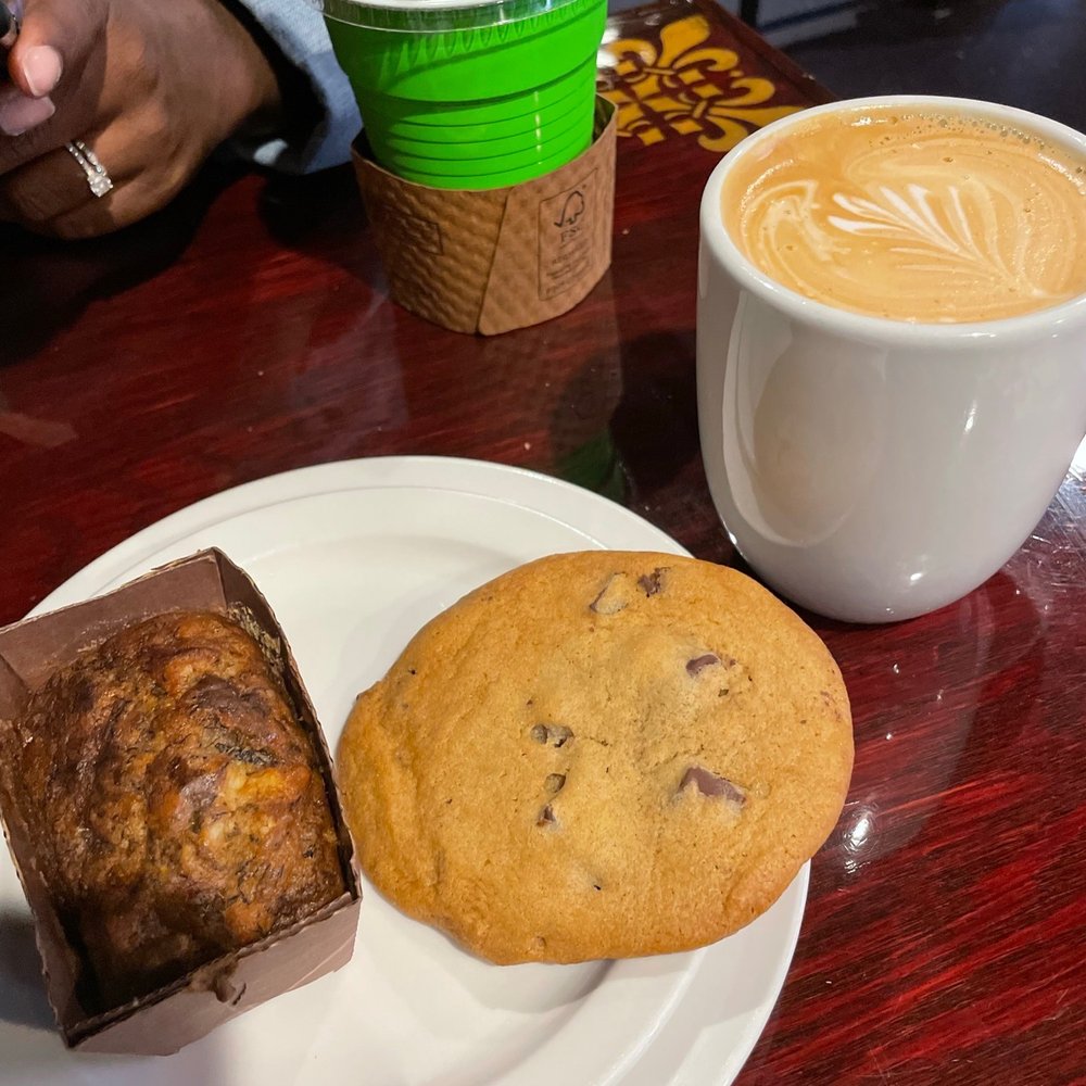 Coffee Underground - Walnut banana bread, chocolate chip cookie, and a hot and iced latte - Coffee & Tea Near Me - Greenville, South Carolina