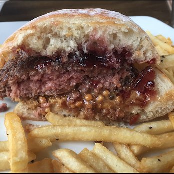kitchen747 - Cross section of my "Elvis Burger" with beef patty, bacon, peanut butter and Concord grape jam. - Pizza Near Me - Roseville, California