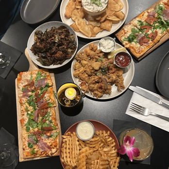 Fermentation Lab - HAPPY HOUR SPREAD ft. Beer onion dip, Brussel sprouts, 2 prosciutto flatbread, waffle fries, yuzu margarita, calamari misto - Cocktail Bars Near Me - San Francisco, California