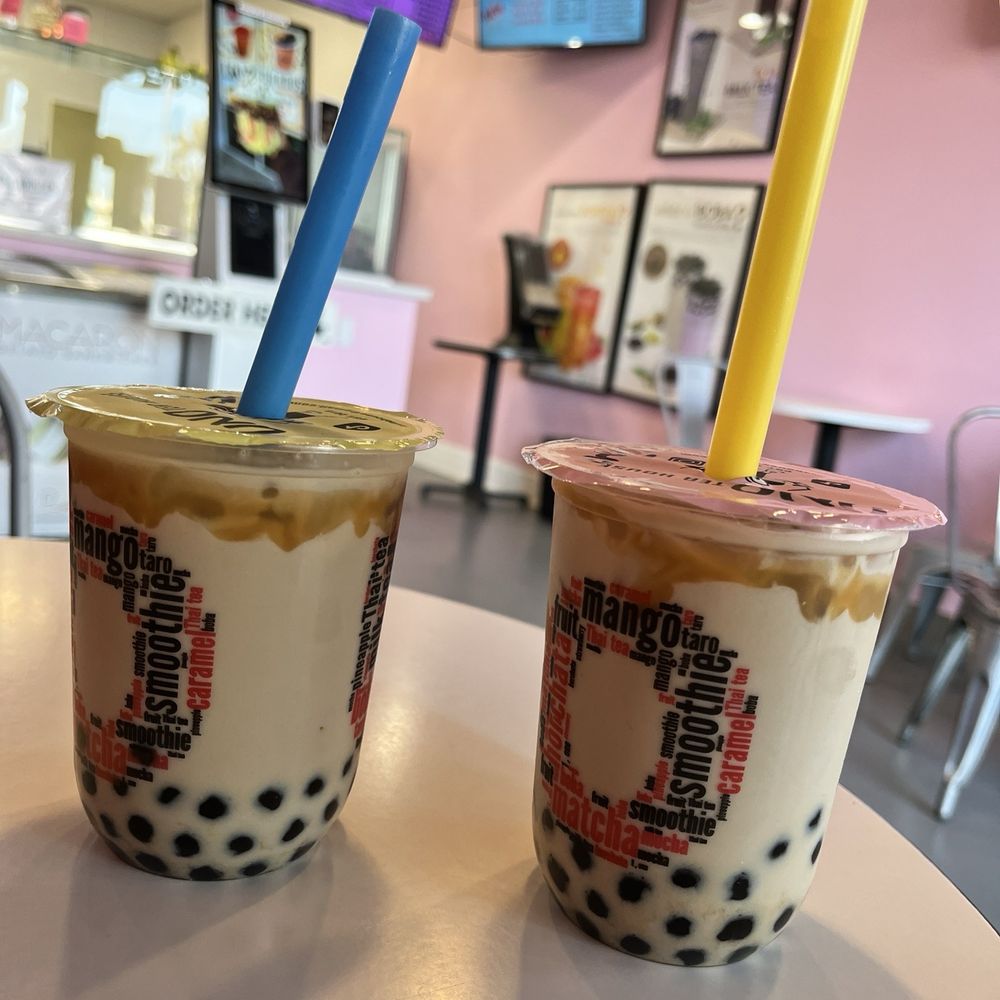 Left: Caramel Milk Tea flavor16oz Right: Crème Brûlée Milk Tea flavor16oz Left: Caramel Milk Tea flavor16oz Right: Crème Brûlée Milk Tea flavor16oz