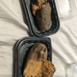 I ordered a Burger and got two baked potatoes that were brown on the inside and smelled HORRIBLE. I ordered a Burger and got two baked potatoes that were brown on the inside and smelled HORRIBLE.