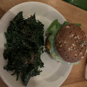 True Food Kitchen - Vegan cheeseburger with kale salad - New American Near Me - Phoenix, Arizona True Food Kitchen - Vegan cheeseburger with kale salad - New American Near Me - Phoenix, Arizona