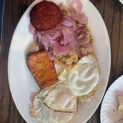 Las Brisas Cafe - #5. 2 Fried Eggs Served with Mashed Green Plantains, Fried Cheese, and Salami Breakfast