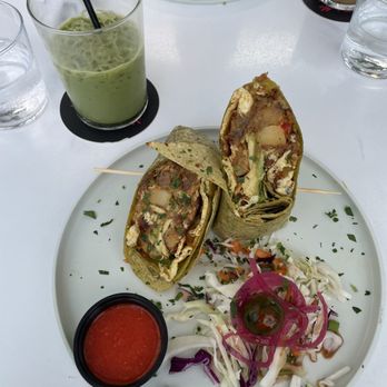 Outpost Kitchen - Breakfast burrito with an iced oat milk matcha latte with vanilla - Breakfast & Brunch Near Me - Costa Mesa, California Outpost Kitchen - Breakfast burrito with an iced oat milk matcha latte with vanilla - Breakfast & Brunch Near Me - Costa Mesa, California