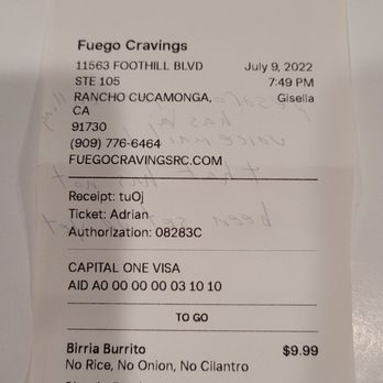 Fuego Cravings - Receipt of order - Mexican Near Me - Rancho Cucamonga, California