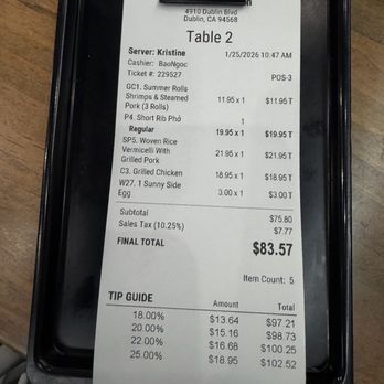 Joe’s Pho - Lunch for two $83 - btw the calculation is off on the percentage tips. I tipped more but the math is wrong. - Vietnamese Near Me - Dublin, California Joe’s Pho - Lunch for two $83 - btw the calculation is off on the percentage tips. I tipped more but the math is wrong. - Vietnamese Near Me - Dublin, California