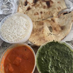 Lunch Special - Paneer Tikka Masala and Palak Paneer, includes naan, rice, small Raita and a little Gulab Jamun