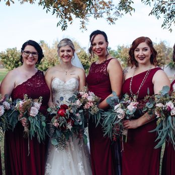 Rowan Tree - a bride and her bridesmaids in burgundy dresses - Florists Near Me - Tempe, Arizona