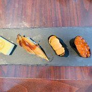Photo of Shiro's - Seattle, WA, United States. Salmon roe, Uni, unagi, tamago (right to left)