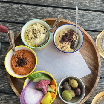 Spread Kitchen - Three dip plate with veggies and olives - Lebanese Near Me - Sonoma, California