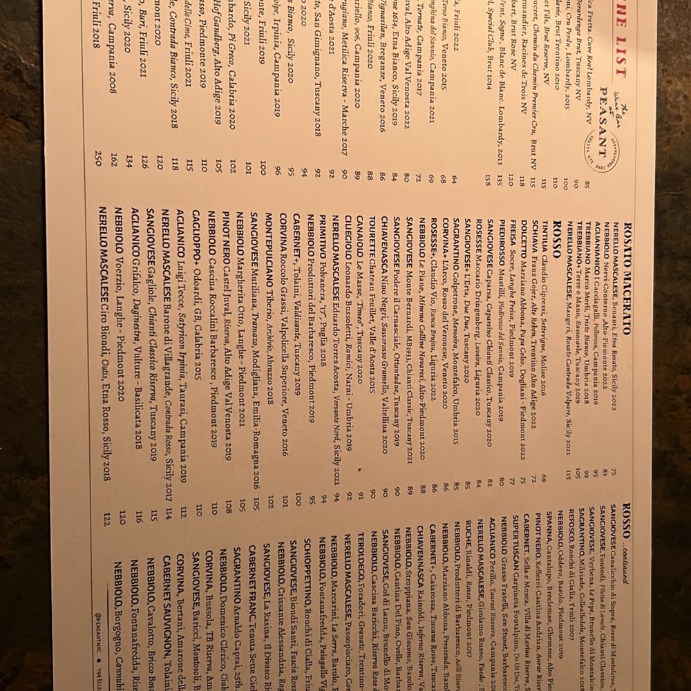 Peasant - Wine list - Italian Near Me - New York, New York Peasant - Wine list - Italian Near Me - New York, New York