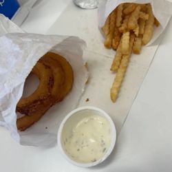 Chips of Wisconsin Rapids - Onion rings, sauce, and French fries.