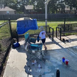 Smithville Splash Pad Diamond Crest Neighborhood - I recommend our setup, because before noon, the shade structures do not shade the benches.