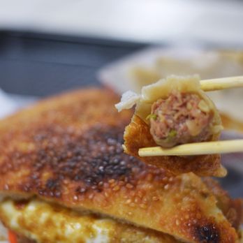 Beijing Dumpling House - Pork dumpling and sesame pancake with egg sandwiched between. So good! - Bubble Tea Near Me - Jamaica, New York