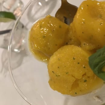 Mango Mangeaux - Mango sorbet with basil. Best dessert! - New American Near Me - Hampton, Virginia Mango Mangeaux - Mango sorbet with basil. Best dessert! - New American Near Me - Hampton, Virginia