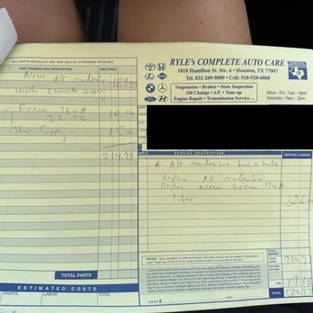 Ryle's Complete Auto Care - AC Condenser replacement receipt - Auto Repair Near Me - Houston, Texas