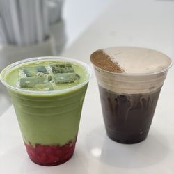 Strawberry matcha latte and hojicha einspanner