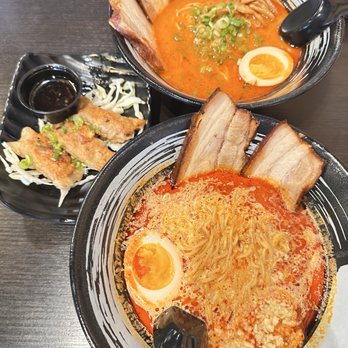 Shinjuku Ramen - Bottom is Pork Creamy TomYum Ramen, top is Spicy Miso Ramen (Pork), and Homemade Gyoza. - Ramen Near Me - Las Vegas, Nevada Shinjuku Ramen - Bottom is Pork Creamy TomYum Ramen, top is Spicy Miso Ramen (Pork), and Homemade Gyoza. - Ramen Near Me - Las Vegas, Nevada