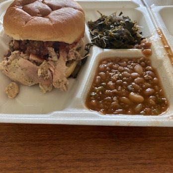 Franklins Smokin Barnyard - Pulled Chicken Sandwich with collard greens and baked beans. - Food Trucks Near Me - Winchester, Virginia Franklins Smokin Barnyard - Pulled Chicken Sandwich with collard greens and baked beans. - Food Trucks Near Me - Winchester, Virginia