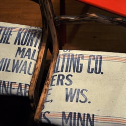 Piccadilly Prairie - Vintage dining chairs in heavy feed sack..