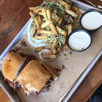 Armadillo Willy's BBQ - Brisket sandwich, half lean/half moist with original sauce and garlic fries! - Barbeque Near Me - San Mateo, California