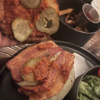 Ember Wood Fired Grill - Inside peek at the burger layers - Whiskey Bars Near Me - Dover, New Hampshire