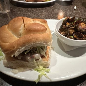 Sahm's Restaurant - Veggie burger and Brussels sprouts - American Near Me - Fishers, Indiana Sahm's Restaurant - Veggie burger and Brussels sprouts - American Near Me - Fishers, Indiana