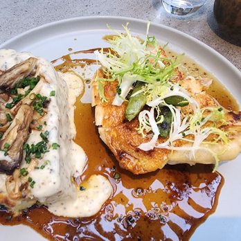 Saizon - Mary's brick chicken with bacon leek bread pudding with mushrooms - New American Near Me - Fresno, California