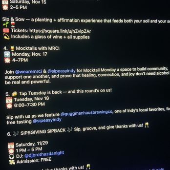 Rooted with Ruby - A digital screen displays a series of event announcements, including music, planting, and drinking events, with details and social media tags. - Hydroponics Near Me - Indianapolis, Indiana