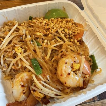 Thai Bay Restaurant - Shrimp pad Thai (should be served in paper box, not plastic).  But delish!! - Thai Near Me - Lincoln City, Oregon
