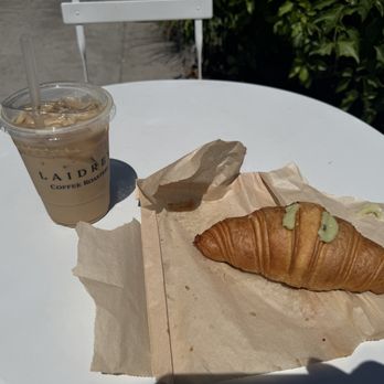 Laidrey Coffee Roasters - Maple Oat Latte and Matcha Cream Croissant. Some of the icing stuck to the bag because it was a little hot outside! - Coffee Roasteries Near Me - Encino, California