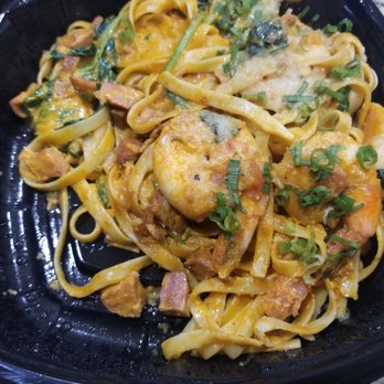 Five Central - Shrimp Creole Pasta  jumbo shrimp | cajun andouille sausage bacon | roasted baby heirloom tomato | creole cream - New American Near Me - Houston, Texas