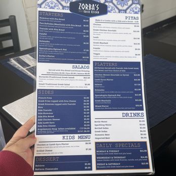 Zorba’s Kitchen - Large menu that's on the table when you walk in. - Greek Near Me - Orlando, Florida Zorba’s Kitchen - Large menu that's on the table when you walk in. - Greek Near Me - Orlando, Florida