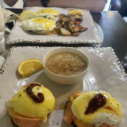 Potato latkes, eggs Benedict with apple sauce Potato latkes, eggs Benedict with apple sauce