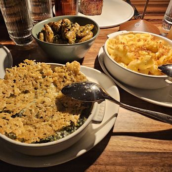 Marbled & Fin - Creamed spinach, truffle mac & cheese, and roasted fingerlings. - Seafood Near Me - Charleston, South Carolina Marbled & Fin - Creamed spinach, truffle mac & cheese, and roasted fingerlings. - Seafood Near Me - Charleston, South Carolina