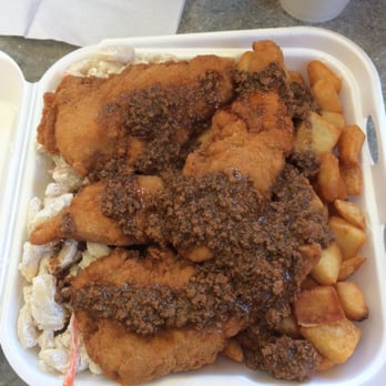 Fairport Hots - Chicken finger garbage plate before we added ketchup and mustard and mixed it all up! - Burgers Near Me - Fairport, New York Fairport Hots - Chicken finger garbage plate before we added ketchup and mustard and mixed it all up! - Burgers Near Me - Fairport, New York