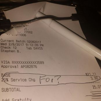 Leon's Lounge - 20% service charge not mentioned at all - Lounges Near Me - Houston, Texas