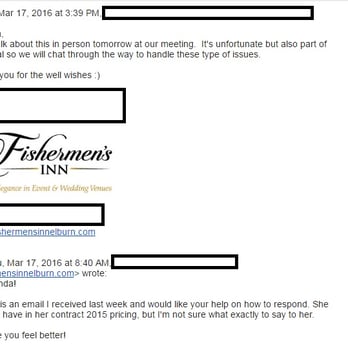 Fishermen's Inn - Confirmed that I have 2015 pricing in my contract, BUT "that's the deal". Did not care about me whatsoever. - Wedding Planning Near Me - Elburn, Illinois