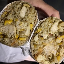 Create Your Own Wrap brown rice, roasted chicken, corn and sweet potato with pesto dressing.