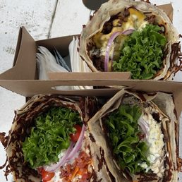 Three savory crepes - burger, buffalo chicken, and ranch